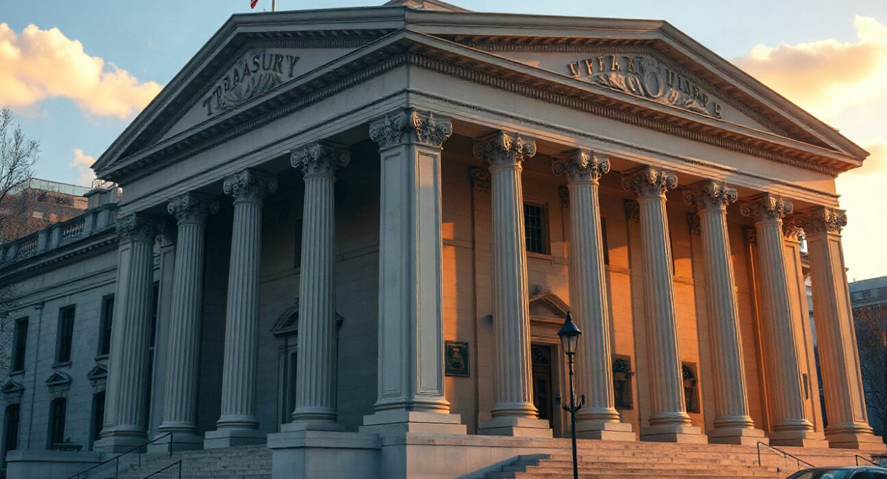 U.S. Treasury Building in Washington, D.C., under a clear sky, symbolizing fiscal policy and market stability.