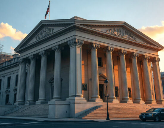 U.S. Treasury Building in Washington, D.C., under a clear sky, symbolizing fiscal policy and market stability.