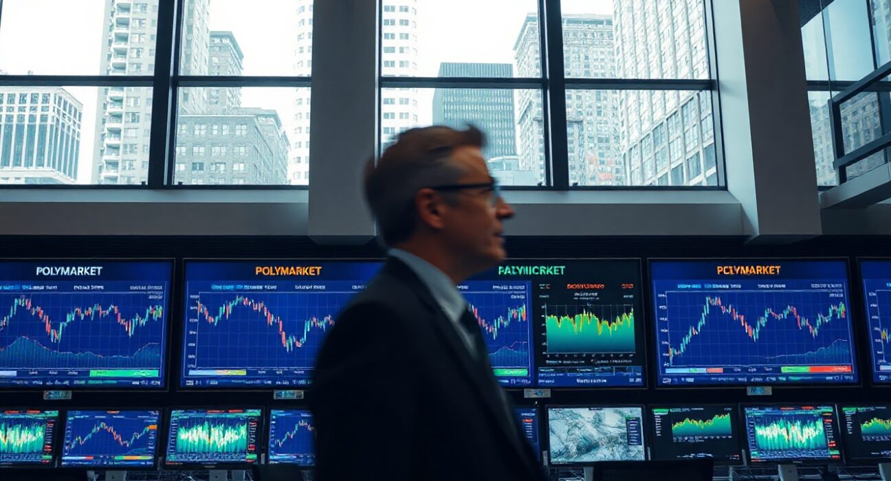 Professional trading desk with screens showing prediction market data for Polymarket and Kalshi