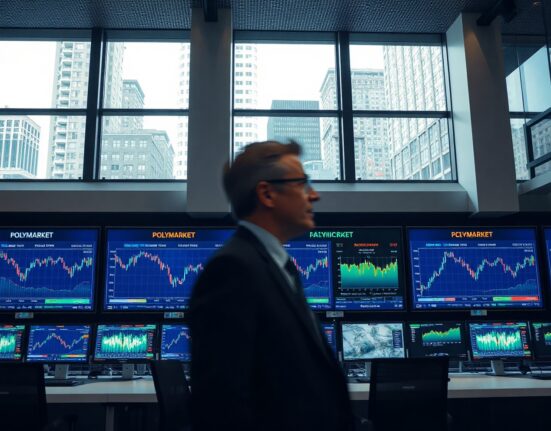 Professional trading desk with screens showing prediction market data for Polymarket and Kalshi