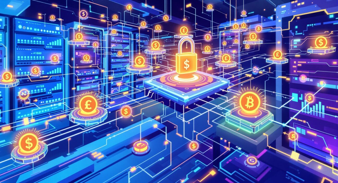 Cartoon illustration depicting the secure growth of blockchain infrastructure, highlighting DSRV's significant funding round.