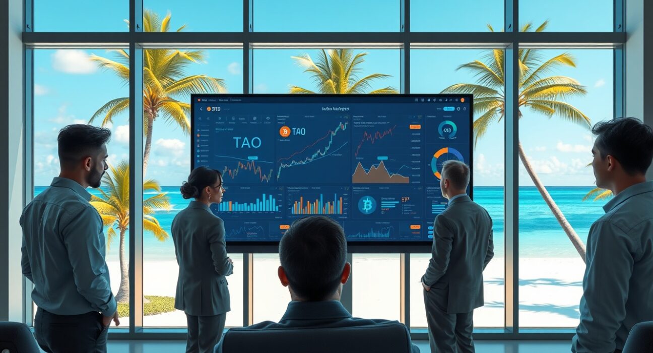 Team of financial analysts reviewing cryptocurrency and AI charts in a modern Bahamas office.