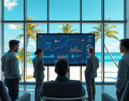 Team of financial analysts reviewing cryptocurrency and AI charts in a modern Bahamas office.