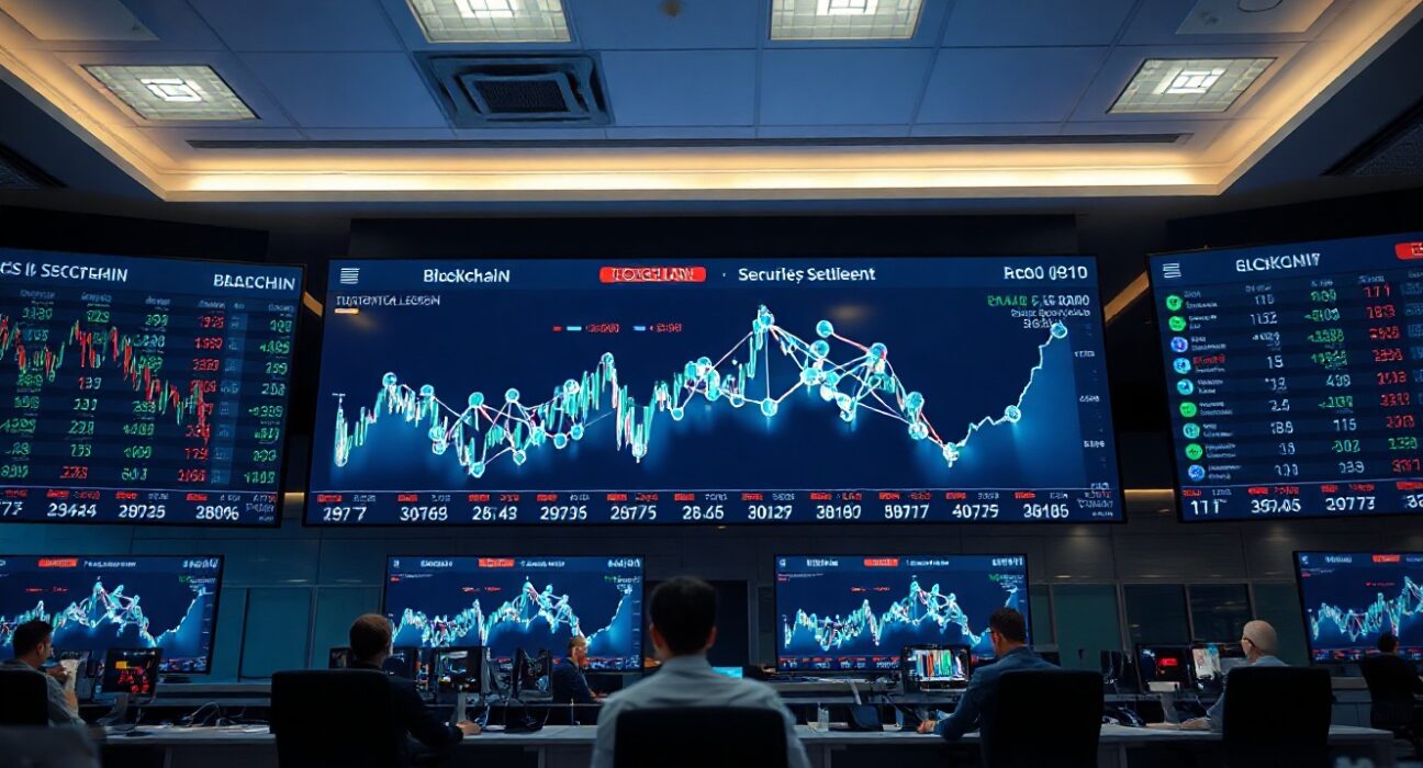 Modern trading floor with digital screens showing stock data and blockchain network visuals