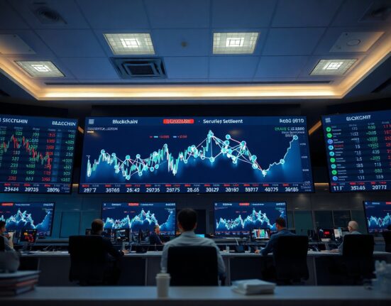 Modern trading floor with digital screens showing stock data and blockchain network visuals