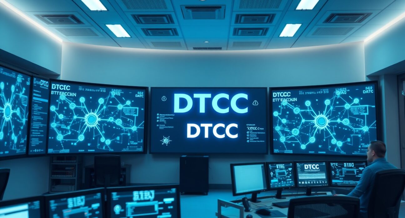 DTCC and Chainlink blockchain network displayed on screens in a financial control room