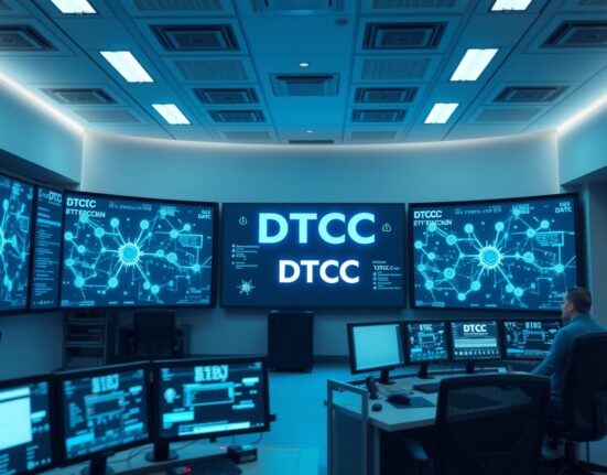 DTCC and Chainlink blockchain network displayed on screens in a financial control room