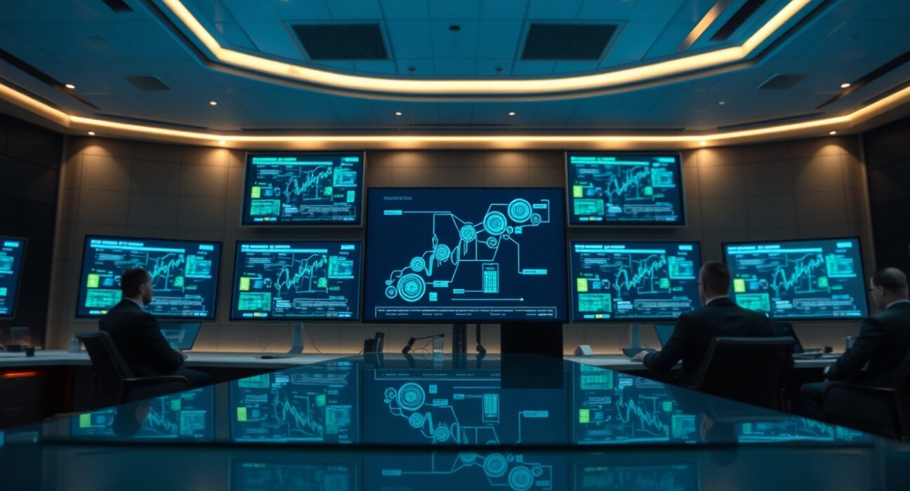 DTCC trading floor with blockchain network diagrams on digital screens