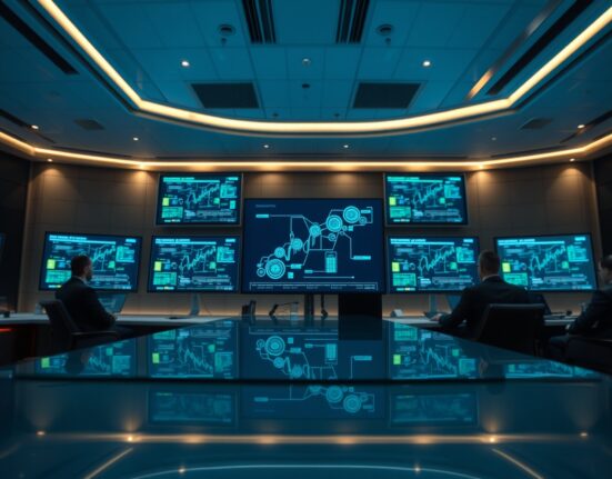 DTCC trading floor with blockchain network diagrams on digital screens