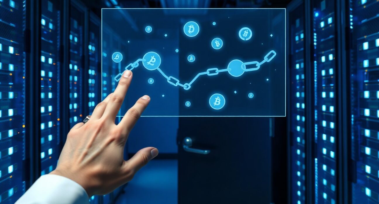 Holographic display of digital tokens above a secure vault door in a modern data center, representing DTCC asset tokenization
