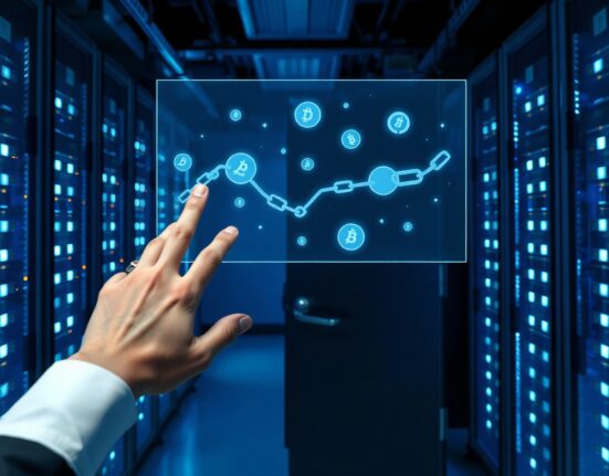 Holographic display of digital tokens above a secure vault door in a modern data center, representing DTCC asset tokenization