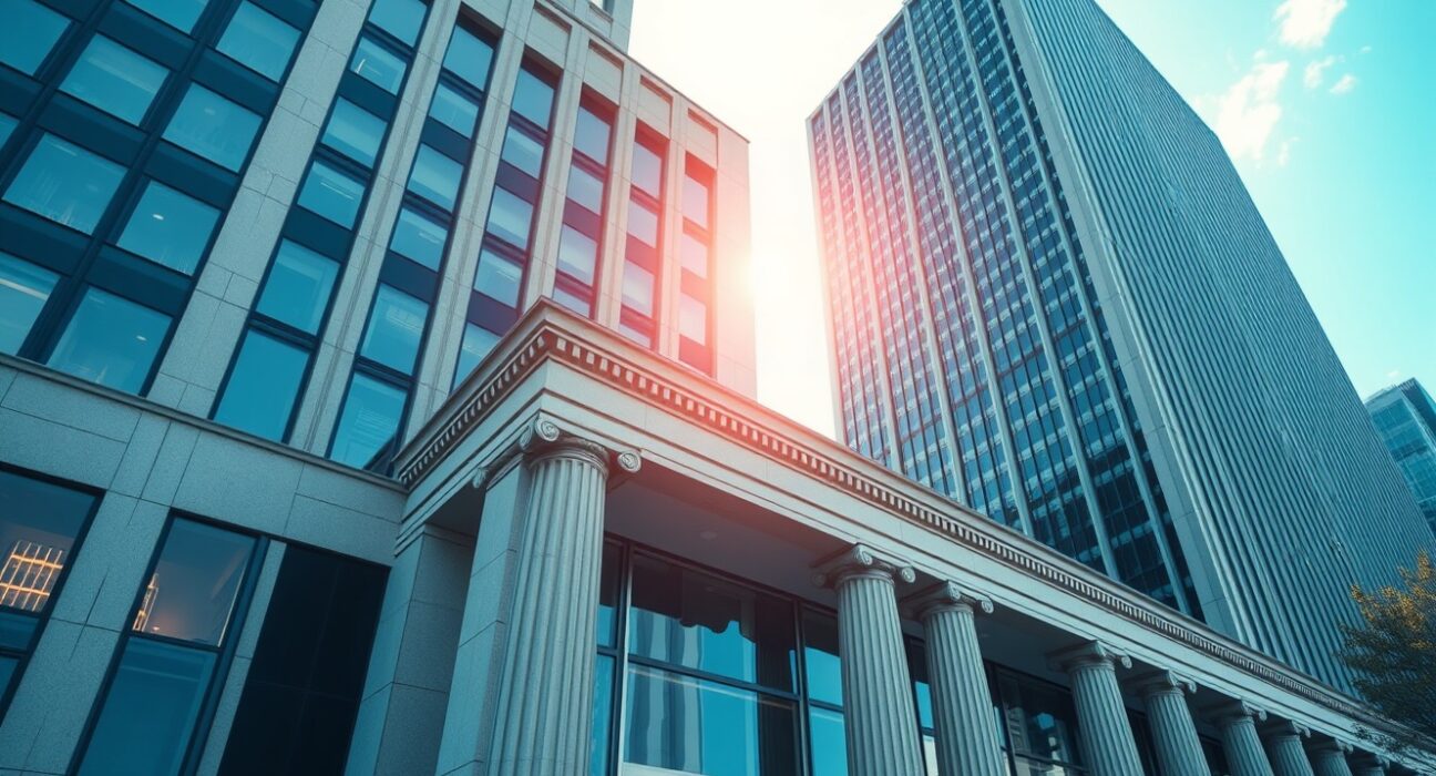 DTCC building exterior with digital blockchain network overlay representing asset tokenization on Stellar