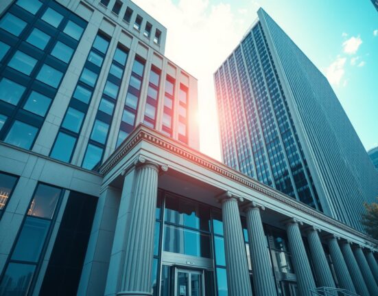 DTCC building exterior with digital blockchain network overlay representing asset tokenization on Stellar
