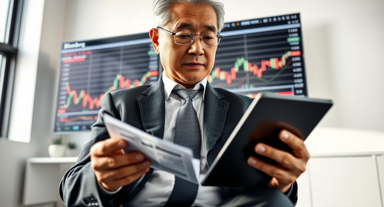 Duan Yongping, Chinese billionaire investor, reviewing financial data in a modern office.