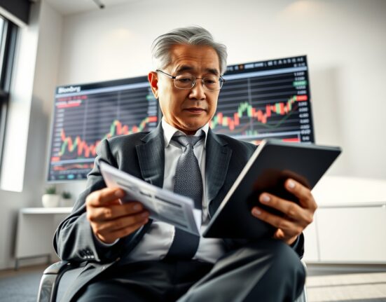 Duan Yongping, Chinese billionaire investor, reviewing financial data in a modern office.
