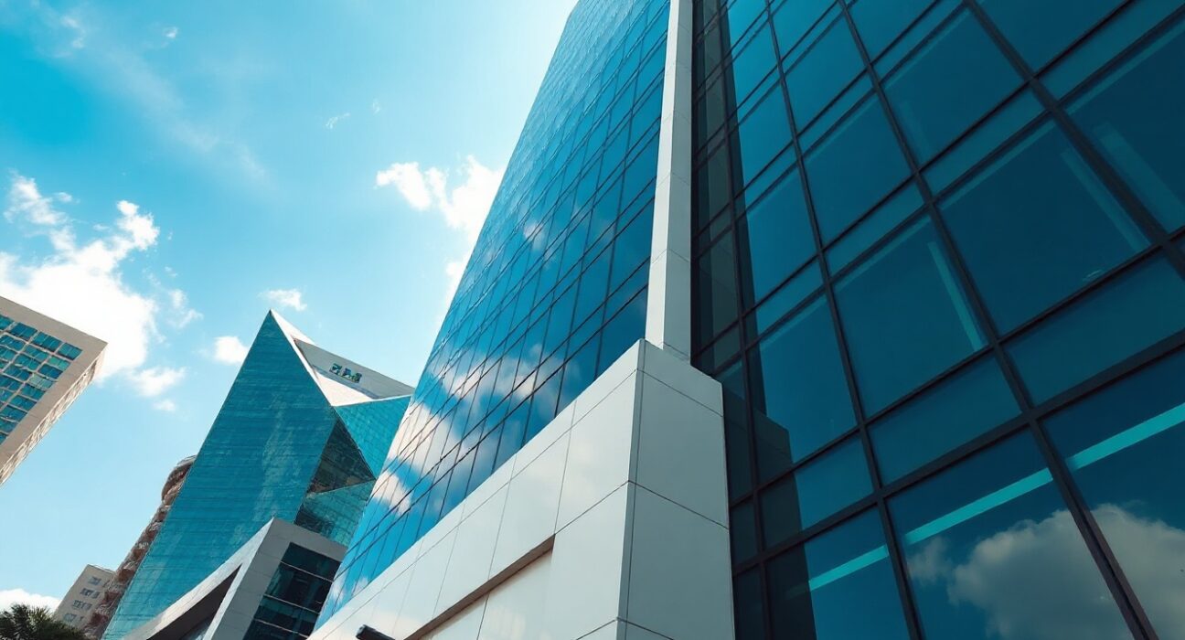 Modern glass office building in Dubai financial district under clear sky