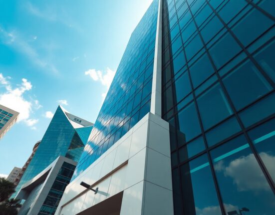 Modern glass office building in Dubai financial district under clear sky