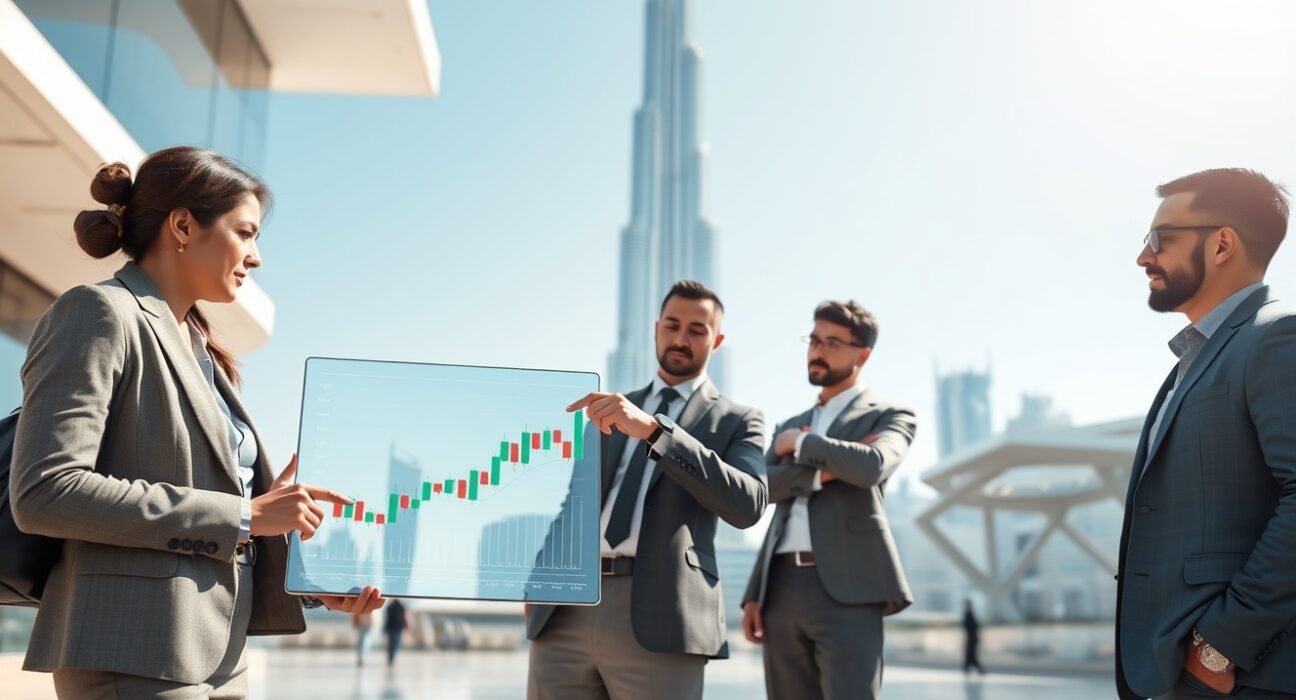 Investors in Dubai discussing cryptocurrency market data on a tablet, representing the new regulated derivatives framework.