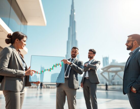 Investors in Dubai discussing cryptocurrency market data on a tablet, representing the new regulated derivatives framework.