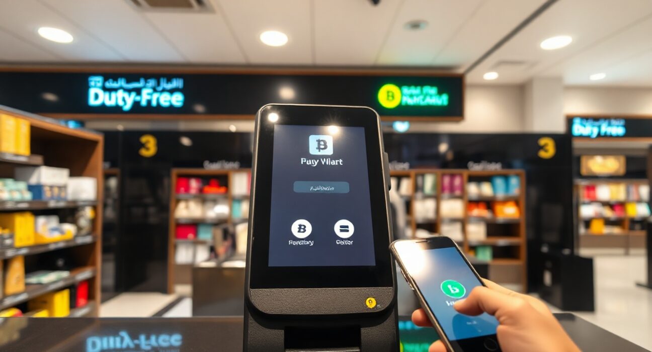 Customer using Crypto.com Pay at Dubai Duty Free checkout terminal