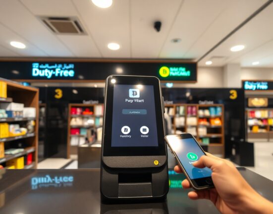 Customer using Crypto.com Pay at Dubai Duty Free checkout terminal