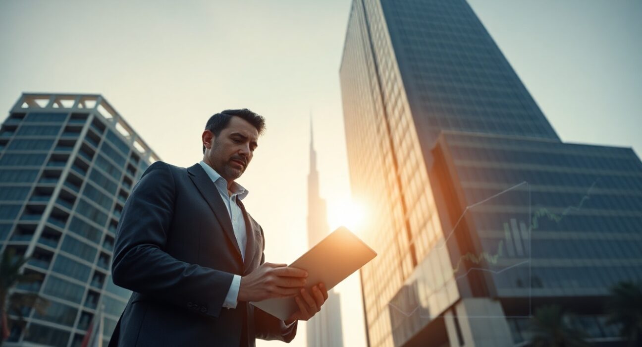 Dubai financial district building with compliance officer reviewing risk data on tablet