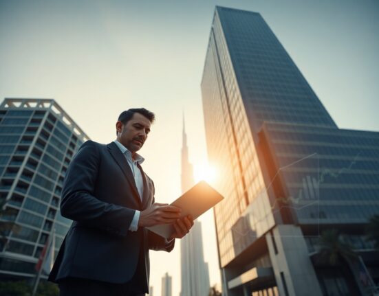 Dubai financial district building with compliance officer reviewing risk data on tablet