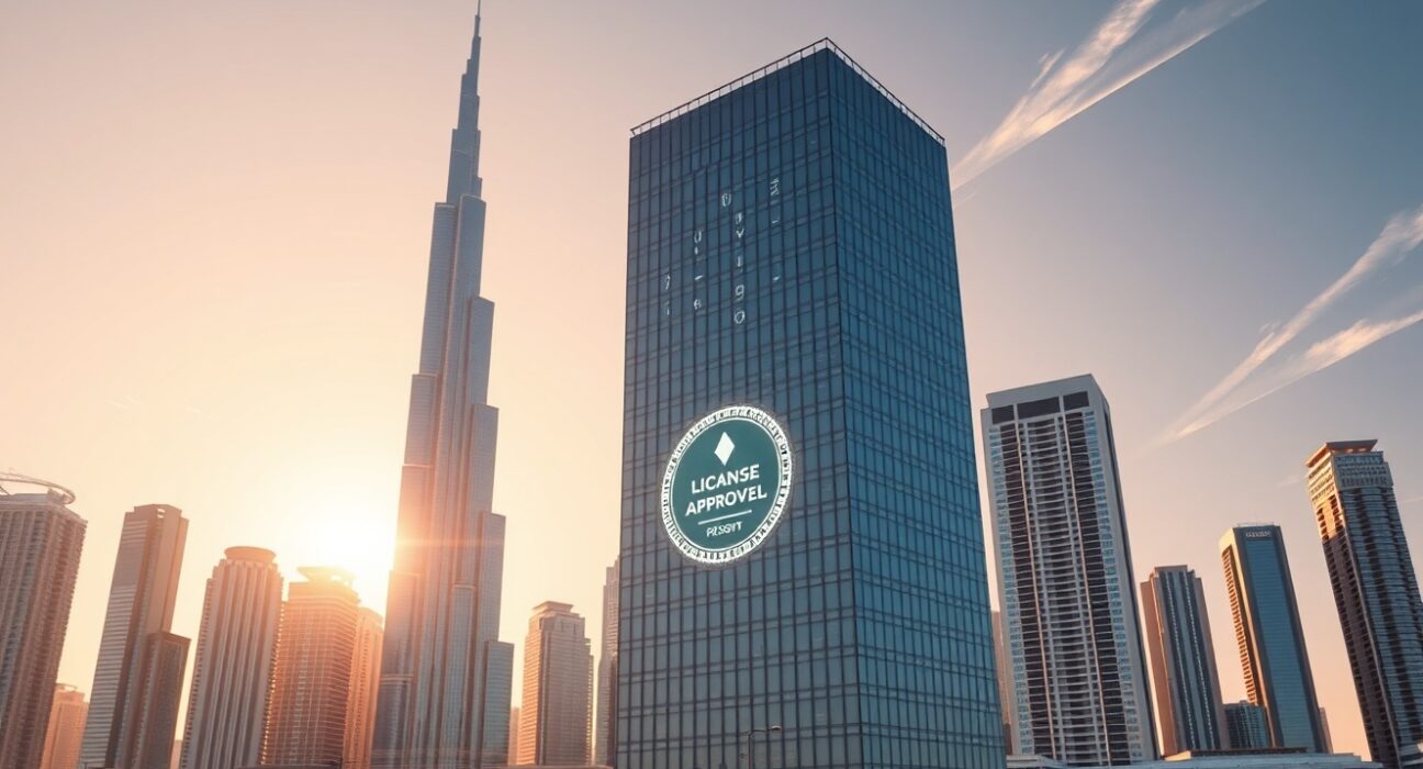Dubai skyline with financial district building representing the Dubai VASP license approval for Amber Premium.