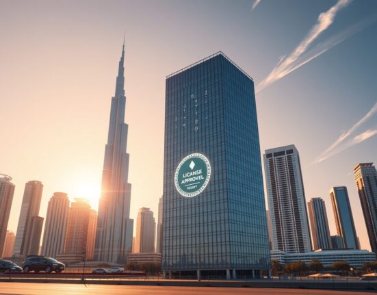 Dubai skyline with financial district building representing the Dubai VASP license approval for Amber Premium.
