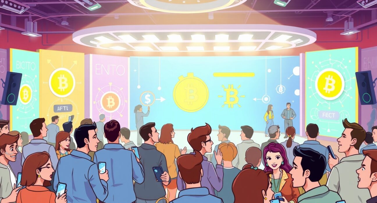 Attendees networking at The Crypto Bash, a Duckchain and OKX Wallet co-hosted event at KBW 2025, discussing AI and crypto trends.