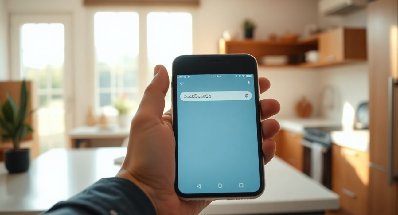 Person holding smartphone with DuckDuckGo app icon, symbolizing user migration from Google AI search.