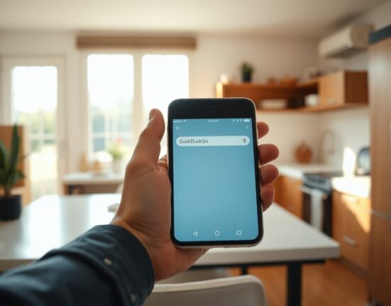 Person holding smartphone with DuckDuckGo app icon, symbolizing user migration from Google AI search.