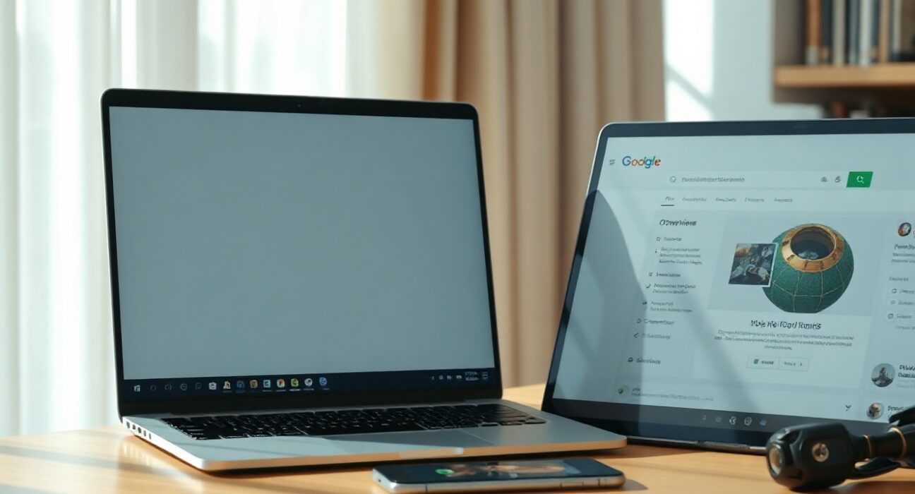 DuckDuckGo AI-free search interface on a laptop next to a Google AI Overviews search results page