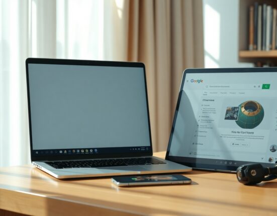 DuckDuckGo AI-free search interface on a laptop next to a Google AI Overviews search results page