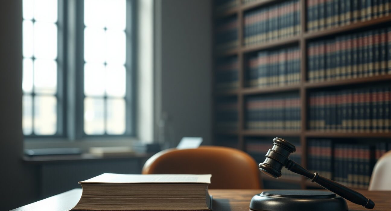 Law library with gavel on wooden desk representing legal analysis of cryptocurrency securities