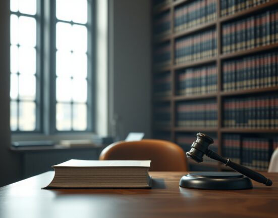 Law library with gavel on wooden desk representing legal analysis of cryptocurrency securities
