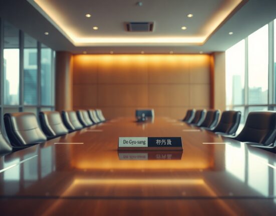 Corporate boardroom in Seoul with nameplate of Do Gyu-sang, former FSC vice chairman