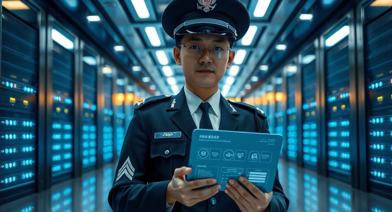 South Korean police officer in a secure server room with a digital tablet displaying cryptocurrency wallet interface.