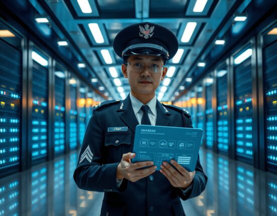 South Korean police officer in a secure server room with a digital tablet displaying cryptocurrency wallet interface.