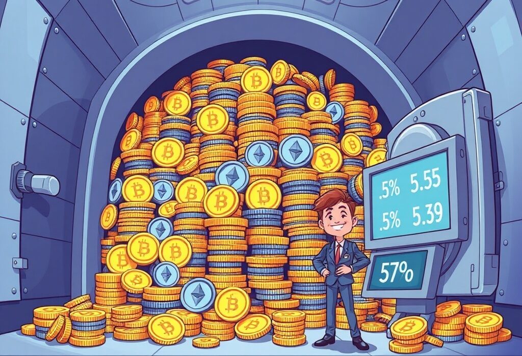 Cartoon showing immense Dunamu crypto assets in a vault, highlighting the company's significant digital currency holdings.