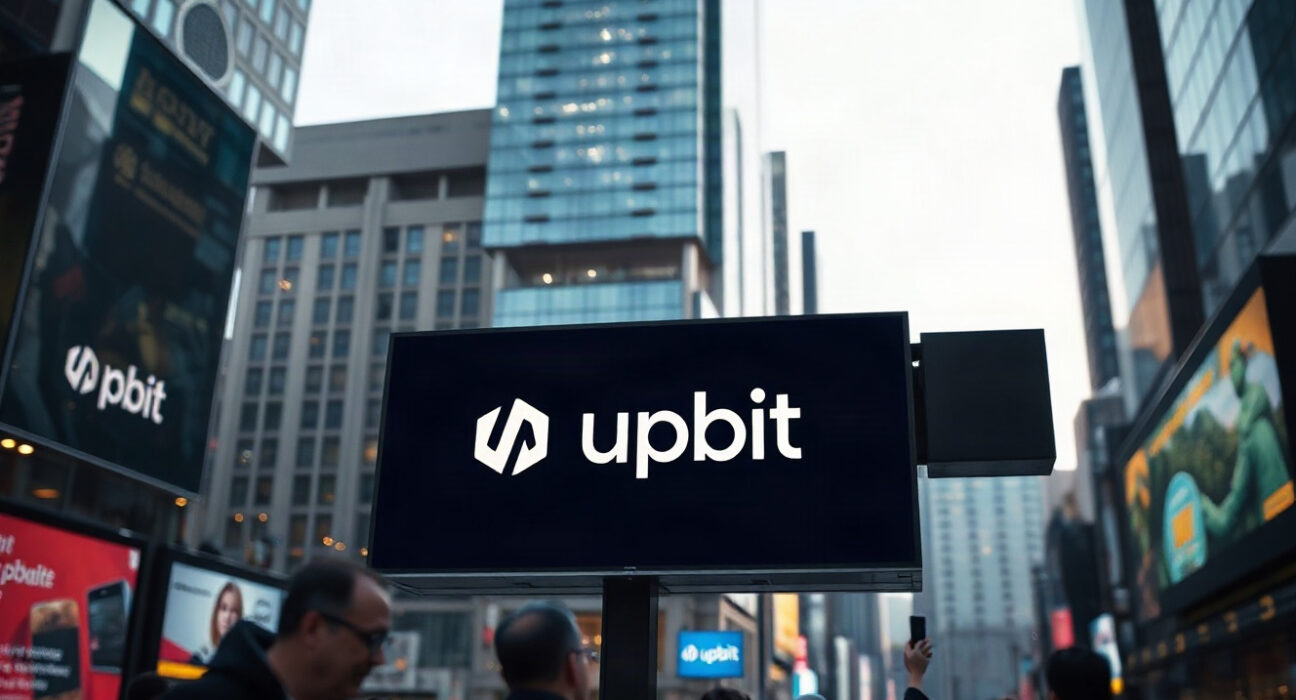 Upbit logo on a digital screen in Seoul financial district