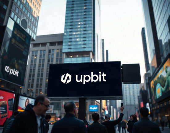 Upbit logo on a digital screen in Seoul financial district