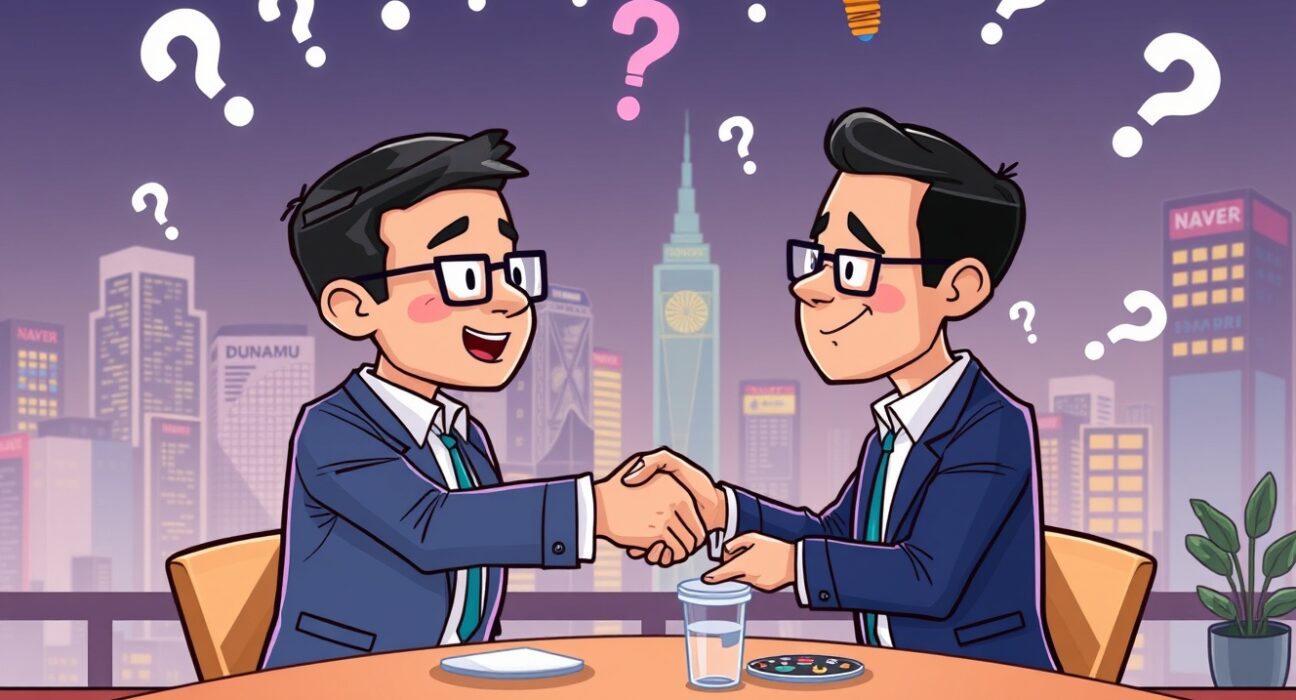Cartoon illustrating Dunamu and Naver executives discussing a potential Dunamu Naver acquisition amidst swirling rumors.