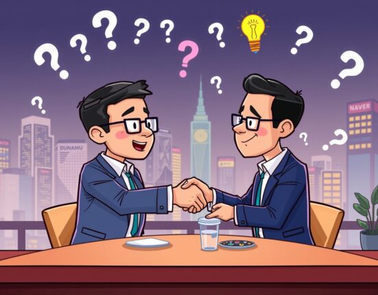 Cartoon illustrating Dunamu and Naver executives discussing a potential Dunamu Naver acquisition amidst swirling rumors.