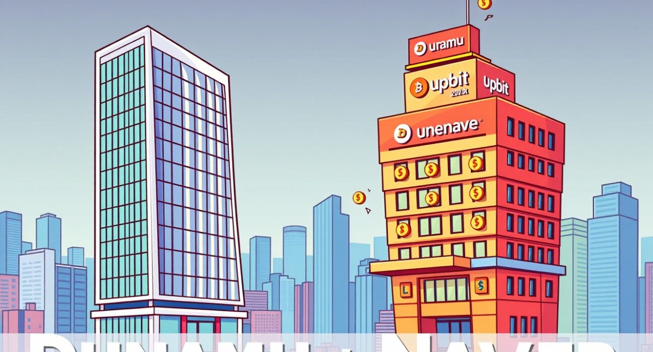 A cartoon illustration showing the integration of Dunamu, the Upbit operator, with Naver Financial, highlighting the significant Dunamu Naver affiliation.