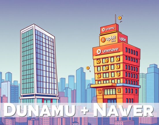 A cartoon illustration showing the integration of Dunamu, the Upbit operator, with Naver Financial, highlighting the significant Dunamu Naver affiliation.