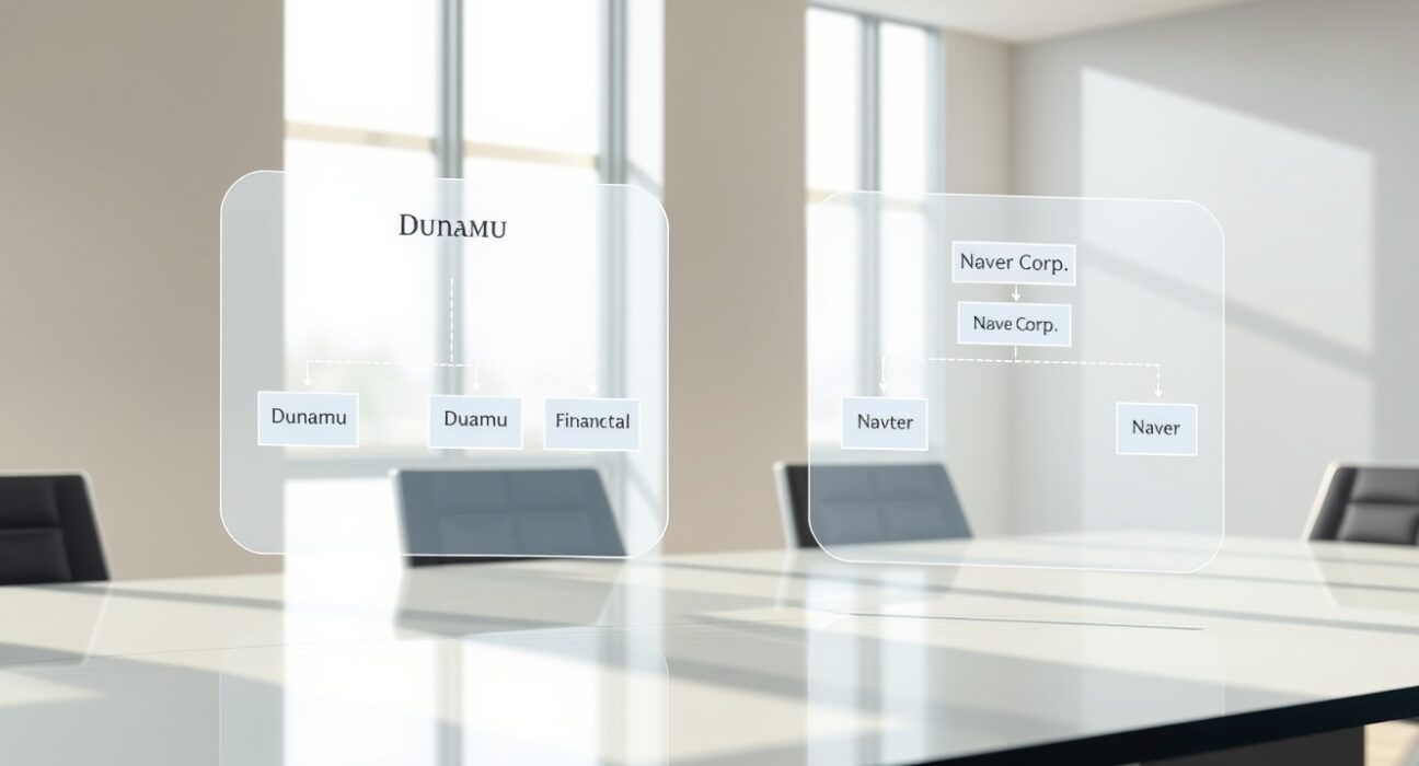 Corporate organizational charts illustrating the Dunamu and Naver Financial stock swap and subsidiary structure.