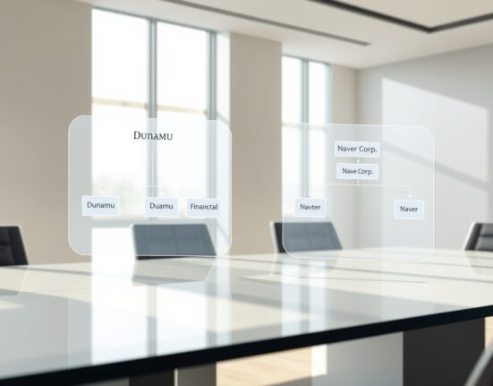 Corporate organizational charts illustrating the Dunamu and Naver Financial stock swap and subsidiary structure.