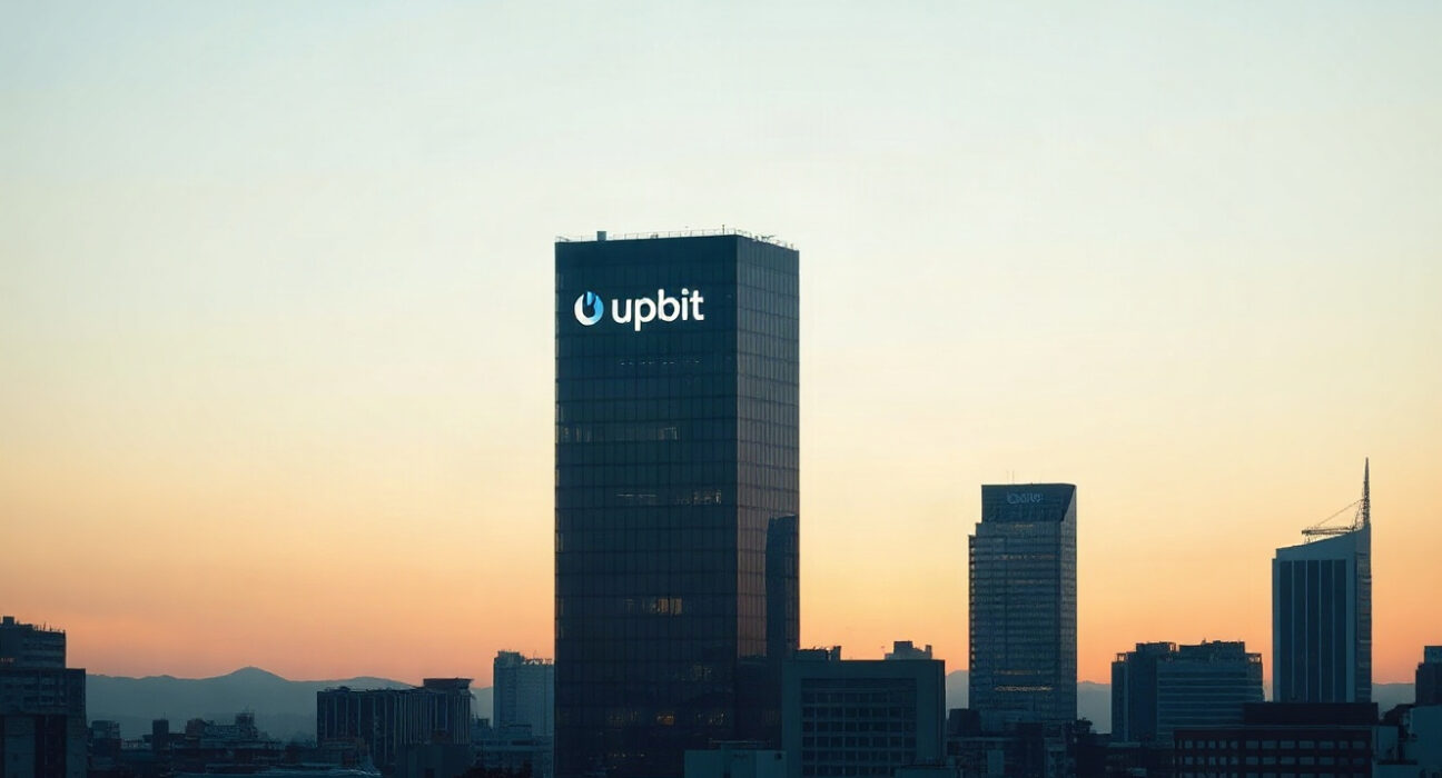 Seoul skyline at dusk with Upbit logo on a building, representing Dunamu's conference pause