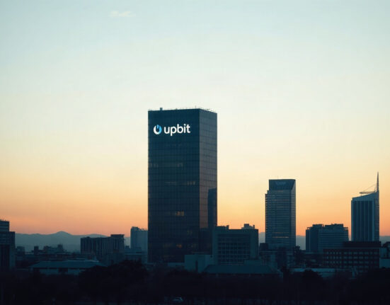 Seoul skyline at dusk with Upbit logo on a building, representing Dunamu's conference pause